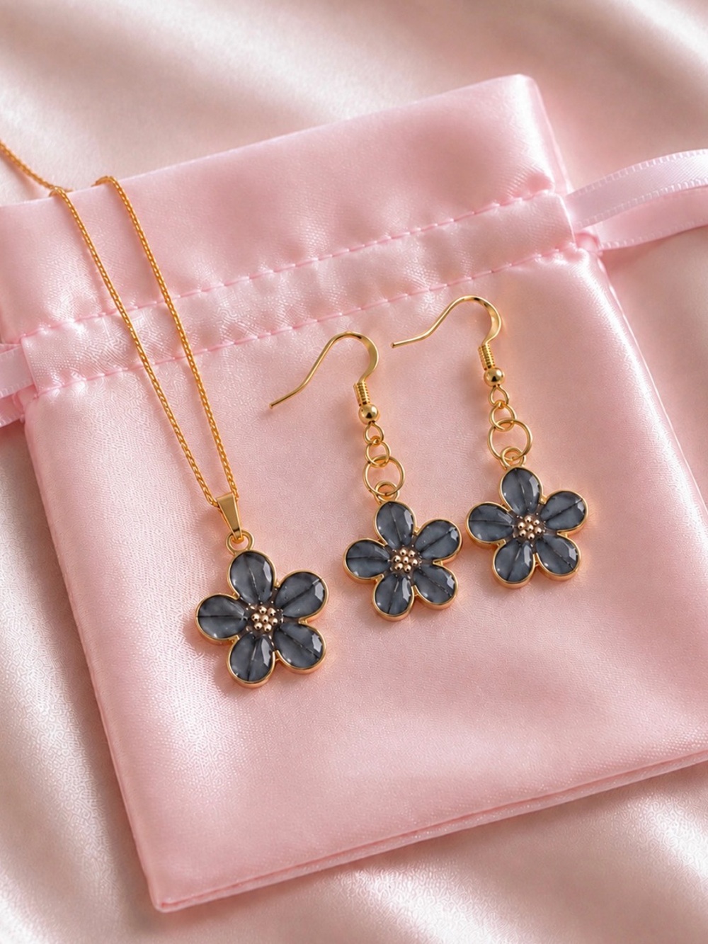 18K Gold Plated Black Enamel Flower Pendant Necklace & Huggie Earrings Set 🖤